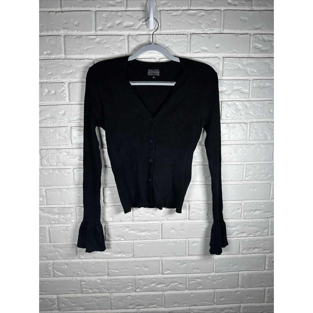 Major Label Group Sz L Ribbed‎ Bell Sleeve Cardigan Black Y2K Fairy Grunge Goth